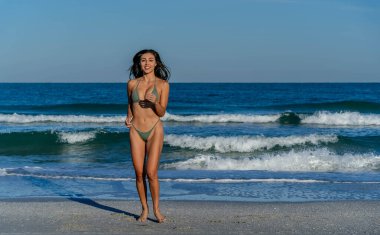 Göz kamaştırıcı melez bir bikini modeli güneşli bir plajda dinleniyor, parlayan tenini güneş öpüyor. Ferahlatıcı dalgaları, kendine güveni, zarafet ve güzellik saçan okyanus arkaplanını seviyor..