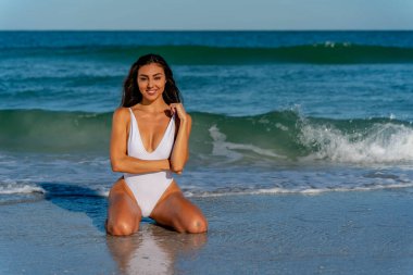 Göz kamaştırıcı melez bir bikini modeli güneşli bir plajda dinleniyor, parlayan tenini güneş öpüyor. Ferahlatıcı dalgaları, kendine güveni, zarafet ve güzellik saçan okyanus arkaplanını seviyor..