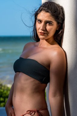 Göz kamaştırıcı bir İspanyol esmer bikini modeli güneşli bir Meksika çiftliğinde zarifçe poz veriyor. Zarafet saçıyor, hareketli tatil atmosferini kucaklıyor..