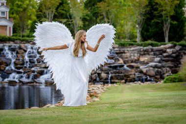 Saf beyaz giyinmiş, narin melek kanatlarıyla süslenmiş çekici genç bir sarışın zarif bir duruş sergiliyor. Onun dingin ifadesi ve akışkan elbisesi ruhani bir varlığı çağrıştırıyor, somutlaştıran melek güzelliğini..