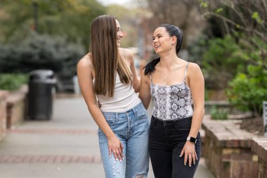 İki genç kadın yerel bir parkta birlikte gülüyor, ılık bahar havasının tadını çıkarıyorlar. Yeşillik ve günışığıyla çevrelenmiş, dostluk ve barış dolu neşeli ve tasasız bir anı paylaşıyorlar..