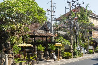 Ubud kasabasındaki küçük cadde, maymun ormanlarının yakınında, çok sayıda elektrik şebekesi var.