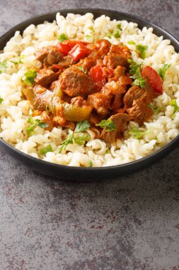 Porkolt Macar Bifteği ve soğan yahnisi ve Nokedli yumurtasıyla masaya yakın plan. Dikey