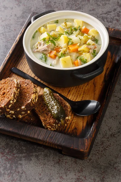 木製の板の鍋にキュウリ 野菜を閉じ込めたポーランドのクリーミーなスープ ベルティカ — ストック写真