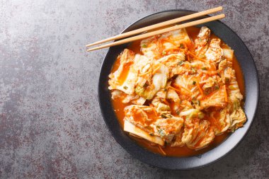 Kimchi, Napa lahanası, havuç ve Kore turpu gibi tuzlu ve mayalanmış sebzelerden oluşan geleneksel bir Kore mezesidir. Yatay üstten yaşam