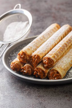 Kahvaltının yanında gofret rulosu ve tabaktaki yoğunlaştırılmış sütle kavramı. Dikey