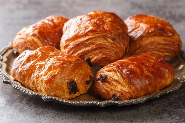 Delicious French Buns Croissants Pain Chocolate Closeup Plate Table Horizonta — Stock Photo, Image