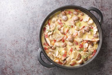 Lezzetli baharatlı mantar ve pastırma sosu koyu taştan arka planda dökme demir tavada yakın plan. Yukarıdan yatay üst görünüm