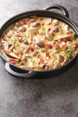 Jambonlu kremalı şarap soslu Champignon mantarları ve masada parmesan sosu. Dikey