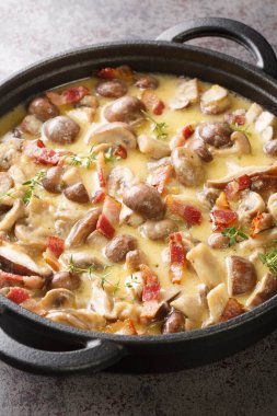 Kremalı sarımsaklı mantar ve ağız sulandıran parmesan peyniri soslu pastırma. Masanın üstünde kekik var. Dikey