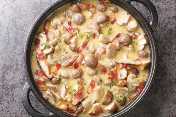 spicy creamy mushroom and bacon gravy in cast iron pan over dark stone background. Horizontal top view from abov