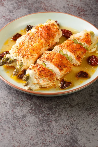 Baked Chicken Fillet Stuffed Fresh Asparagus Mozzarella Cheese Sun Dried — Stock Photo, Image