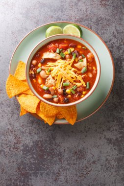 Fasulyeli, mısırlı ve yeşil biberli domatesli sıcak tavuklu taco çorbası masanın üstünde. Yukarıdan dikey üst görünüm