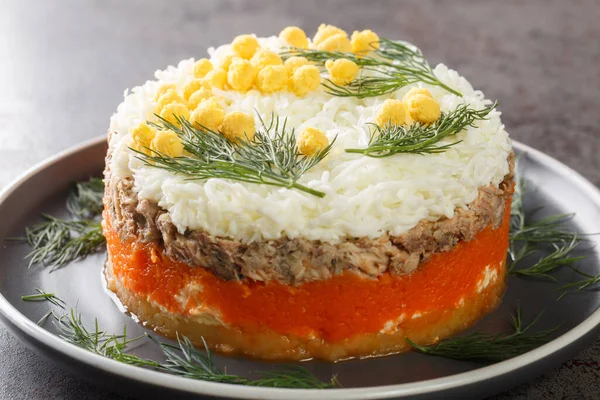 Festlicher Russischer Salat Mimosa Mit Saurikonserven Kartoffeln Käse Möhren Und — Stockfoto