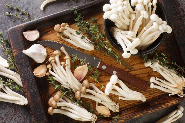 생성된 너도밤나무 버섯에 백리향 마늘을 곁들인 재료를 요리한다 보브에서 바라본 — 스톡 사진