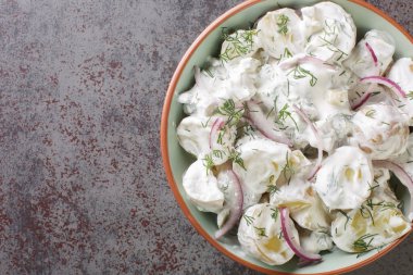 Turşulu patates salatası, dereotlu ve kırmızı soğanlı. Ekşi kremalı sos sosu da masanın üstünde. Yukarıdan yatay üst görünüm