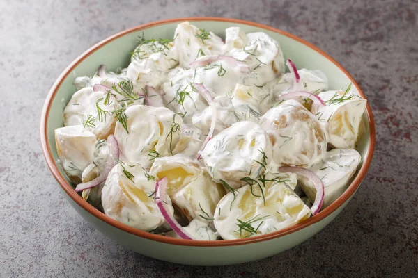 Farskpotatissalad is Swedish Potato Salad, simply made with new potatoes, creme fraiche, red onion and freshly chopped dill close-up in a plate on the table. Horizonta