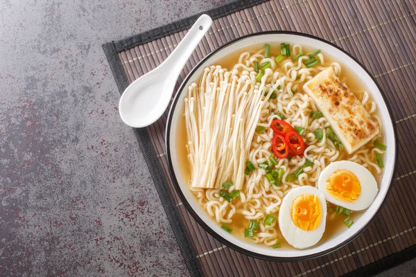 Spicy Miso Ramen Soup Tofu Enoki Mushrooms Noodles Green Onion — Stock Photo, Image