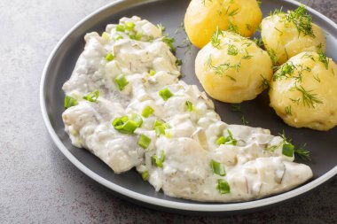 Herring with creamy sauce with apples, pickles and onions with boiled potato garnish close-up in a plate on the table. horizonta
