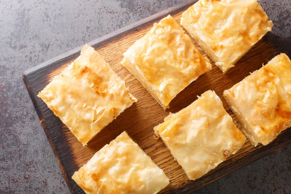 Greek Custard Pie Galaktoboureko Semolina Cream Closeup Wooden Board Table — Fotografia de Stock