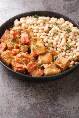 Slowly stewed pork with bacon, tomato and onion served with a side dish of white beans close-up in a plate on the table. Vertica