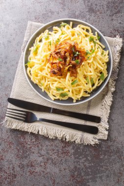 Kasespatzle German Cheese Spaetzle with fried onion closeup on the plate on the table. Vertical top view from abov