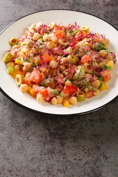 Diätsalat Aus Kichererbsen Paprika Oliven Tomaten Zwiebeln Und Amaranth Großaufnahme — Stockfoto