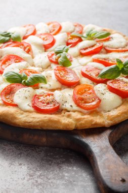 İtalyan caprese pizzası, mozzarella peyniri, taze domates ve ahşap tahtada yakın plan fesleğen. Dikey