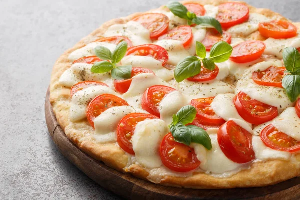 Delicious Hot Caprese Pizza Mozzarella Tomatoes Basil Leaves Close Wooden — Stock Photo, Image