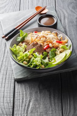 Pho tron ya da karışık pho klasik bir Vietnam yemeğidir. Et, erişte ve yeşillik içeren bir salata. Ahşap tabakta yakın plan. Dikey