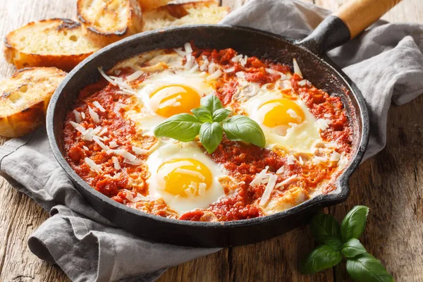 Eier Fegefeuer Mit Tomaten Basilikum Knoblauchsoße Und Einer Prise Parmesan — Stockfoto