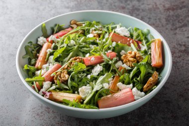 Fırında ravent, roka, keçi peyniri ve cevizli diyet salatası masanın üstünde. Yatay