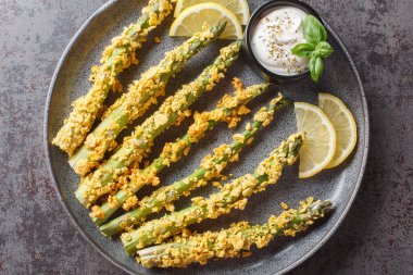 Keto fırınlanmış parmesanlı kuşkonmaz kızartması. Masada panko yakın plan bir tabakta. Yukarıdan yatay üst görünüm