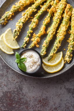 Ekmek kırıntılarında pişmiş çıtır kuşkonmaz ve parmesan peyniri ile mayonez sosu yakın plan bir tabakta ahşap bir masada. Yukarıdan dikey üst görünüm