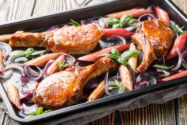 Kurutulmuş domuz pirzolası, kırmızı soğan, otlar ve bal jöleli ravent. Masanın üzerindeki fırın tepsisine yakın plan. Yatay