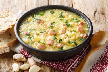 Kazak Ukraynalı zengin çorba darı, patates, soğan ve domuz pastırması. yatay