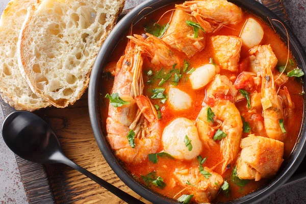 Seafood Fish Stew Shrimp Mussels Scallops Squid Tomatoes Close Bowl — Stock Photo, Image