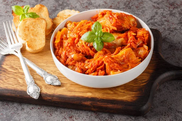 Homemade Fish Stew Vegetables Spicy Tomato Sauce Served Toast Close — Stock Photo, Image