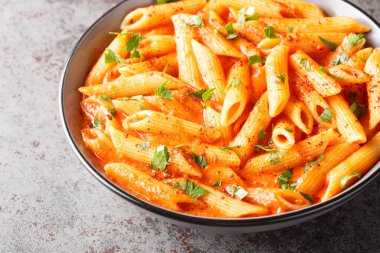 Ezilmiş domateslerden yapılmış pembe makarna sosu, İtalyan peyniri ve masanın üzerindeki ağır krem kaplama. Yatay