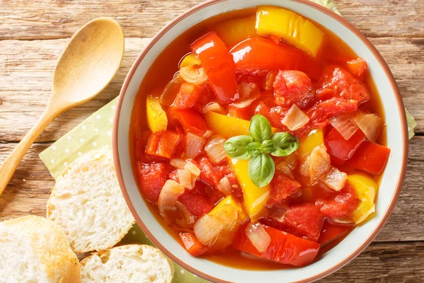 Delicious Stewed Colorful Bell Peppers Onions Garlic Tomatoes Close Bowl — Stock Photo, Image