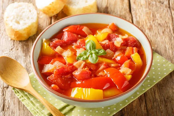 地中海蔬菜甜椒炖菜与洋葱 大蒜和西红柿的特写在桌上的碗里 横向A — 图库照片