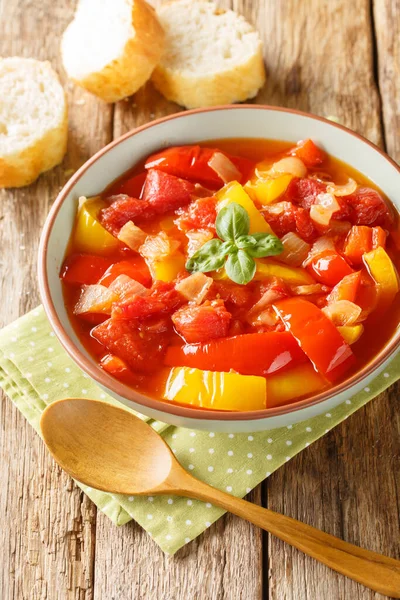 Vegetarian Stew Colorful Bell Peppers Onions Tomatoes Close Bowl Table — Stock Photo, Image