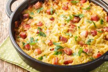 Dibbelabbes Alman güveci, masada patates, pırasa, soğan ve pastırma olan geleneksel bir kırsal fırın tabağıdır. Yatay