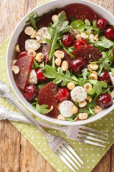 Portion Delicious Salad Arugula Beetroot Cherry Berries Cheese Hazelnuts Close — Stock Photo, Image