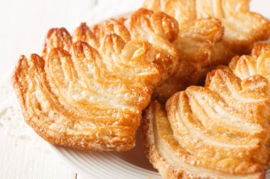 Taze pişmiş palmier puf böreği masadaki tabağa yakın. Yatay