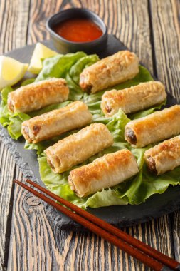 Cha Gio ya da nem, Vietnam mutfağında popüler bir yemektir. Masadaki tabağa yakın çekimdir. Dikey