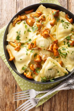 Üçgen İtalyan hamur köfteli makarnalı üçgen mantarlı, soğanlı ve otlu makarnalı bir masa. Yukarıdan dikey üst görünüm