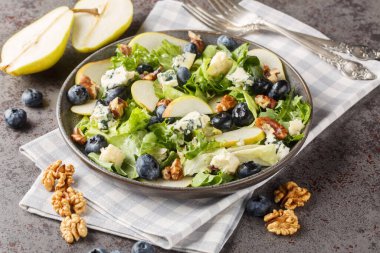 Tatlı armutlu gurme salatası, yabanmersini, mavi peynir, marul ve ceviz tabakta yakın plan. Yatay