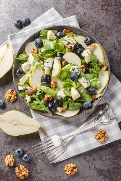 Vitamin Autumn Salad Blueberries Lettuce Gorgonzola Cheese Walnuts Pear Close — Stock Photo, Image