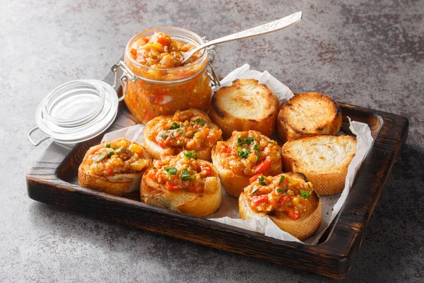 stock image Sandwiches with homemade spread from eggplant, zucchini, tomatoes, onions, bell peppers and garlic. Horizonta